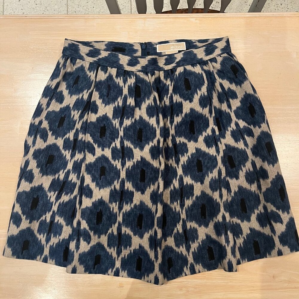 Michael Kors Ikat 100% Linen Skirt Sz 6 Blue Black Tan